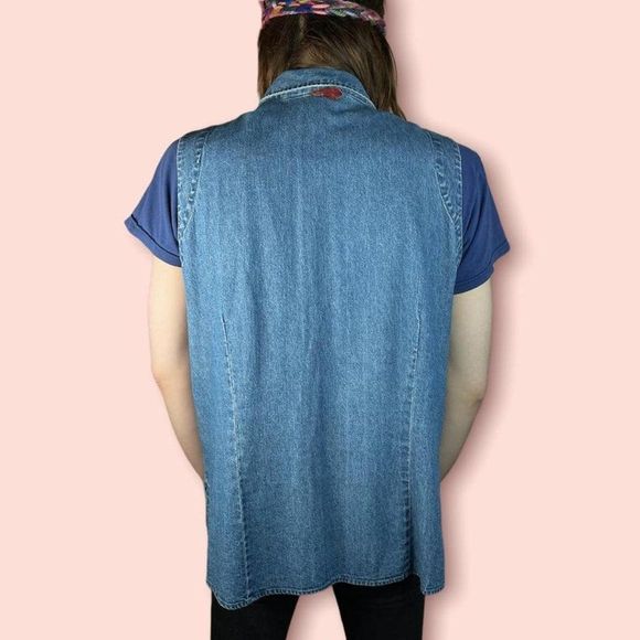 Vintage Denim Vest Crystal Beads Embroidery Extra Large Jacket - Picture 2 of 4